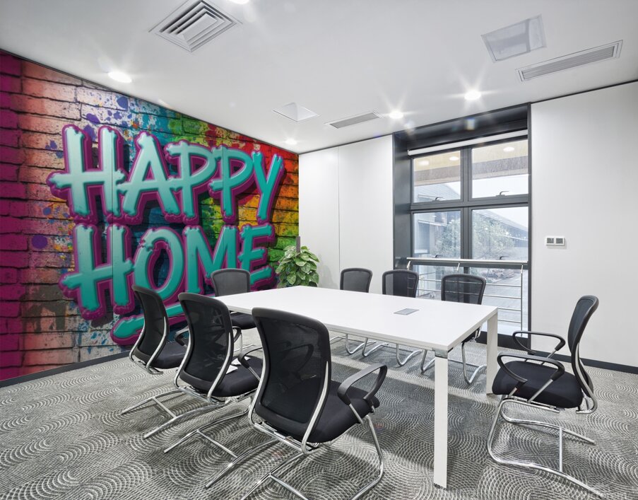  colorful graffiti-style image. The focal point is the bold eye-catching letters HAPPY HOME Wall Printing