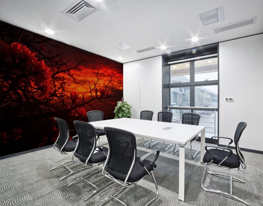Dramatic Sunset with Glowing Red Flowers and Dark Silhouetted Branches Wall Printing
