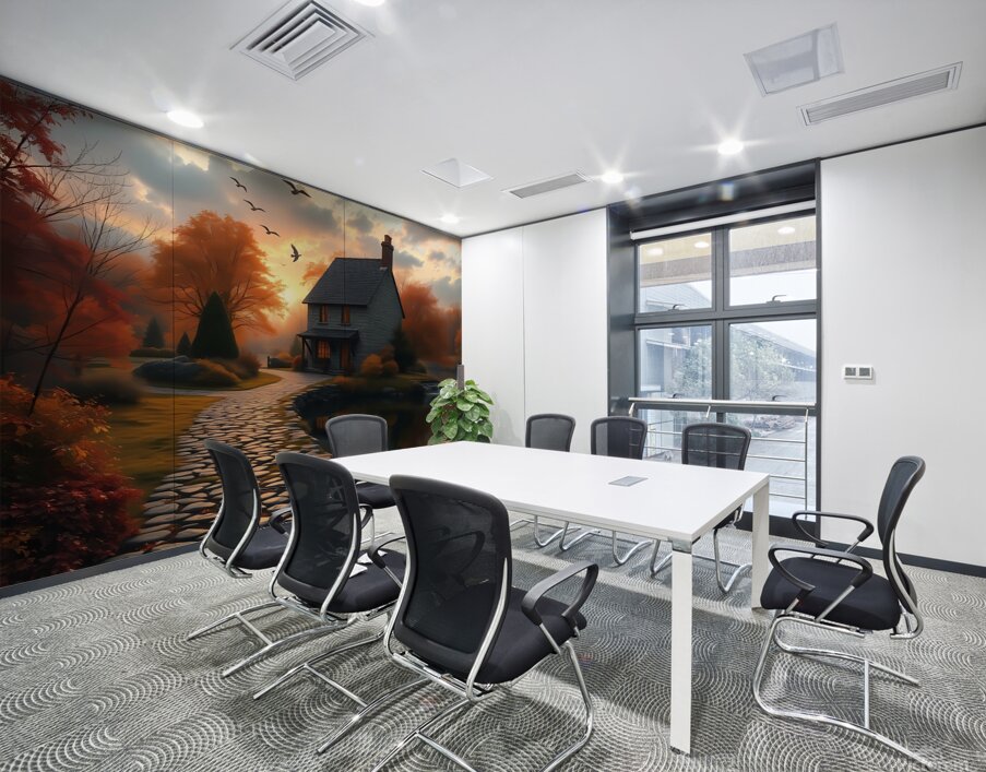 Idyllic Autumn Cottage by the Stream – Dreamlike Sunset Landscape Wall Printing