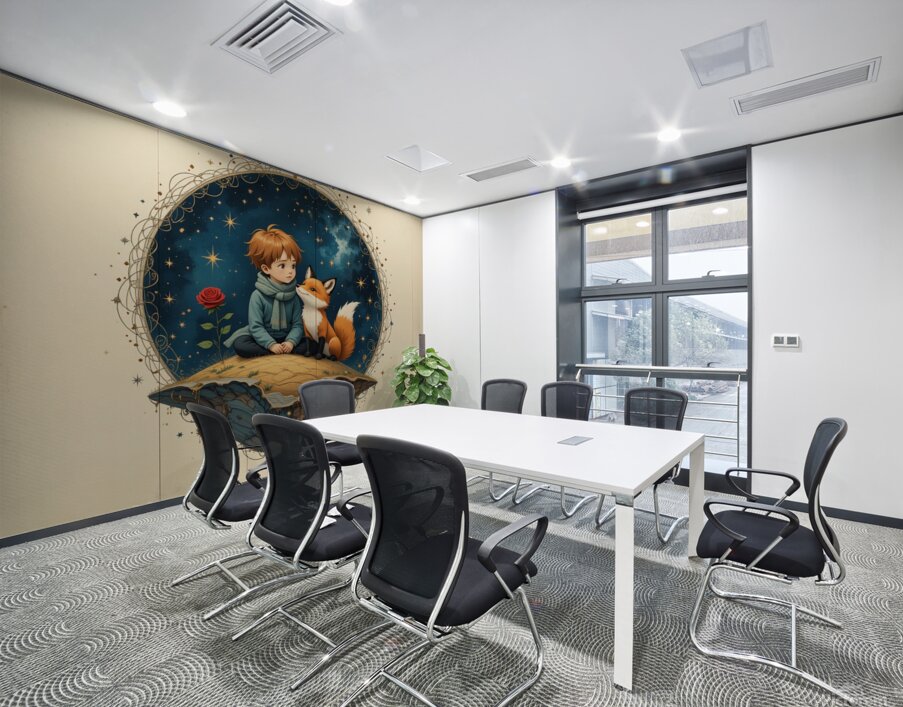 Boy and Fox on a Tiny Round Planet with Red Rose Vibrant Colors Beige Background Twinkling Stars and Intricate Details Perfect for Nursery Kids Room. Wall Printing