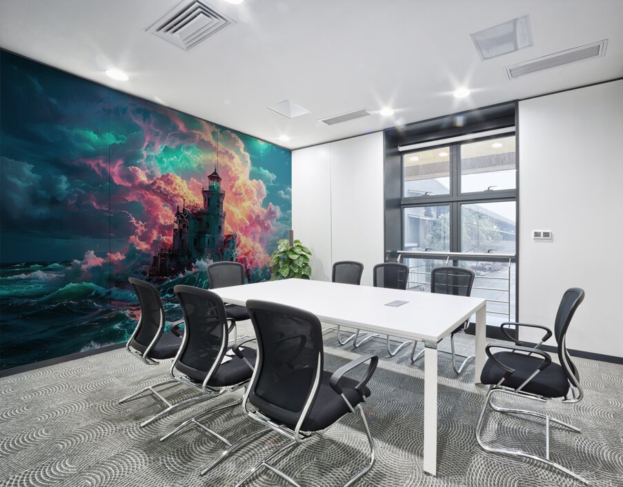  Emerald Tempest: Waves Beneath a Crimson Sky Wall Printing