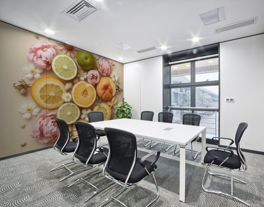 Vibrant Citrus and Floral Flat Lay – Aesthetic Fruit and Flowers Composition Wall Printing