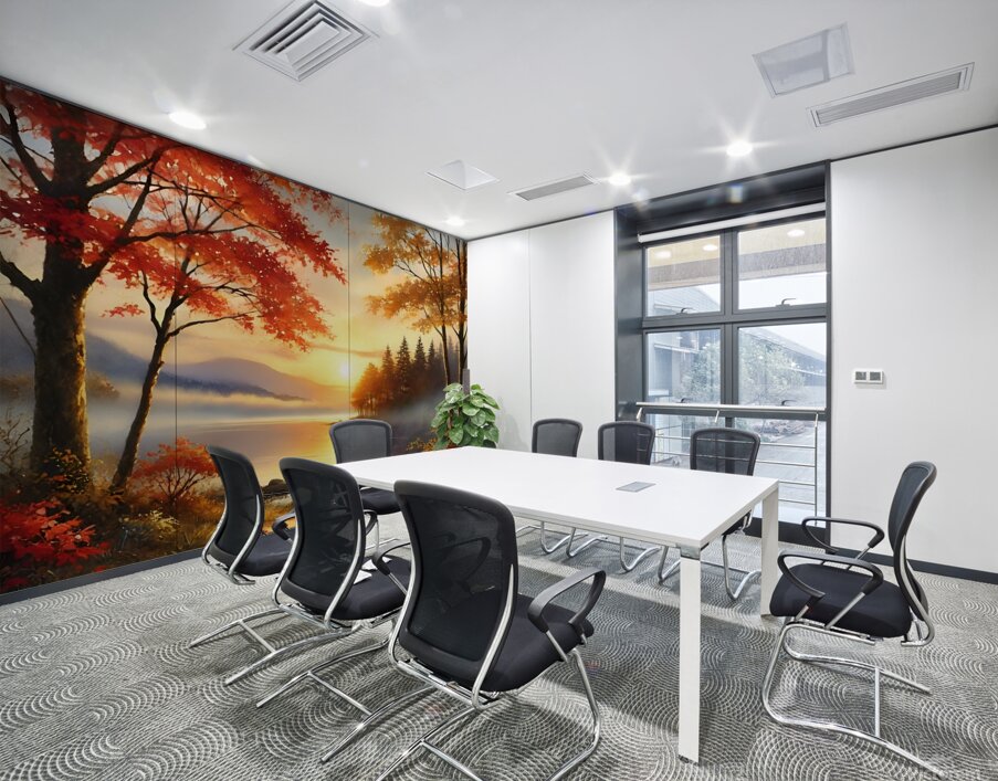 Tranquil Autumn Sunrise Over a Misty Lake Wall Printing