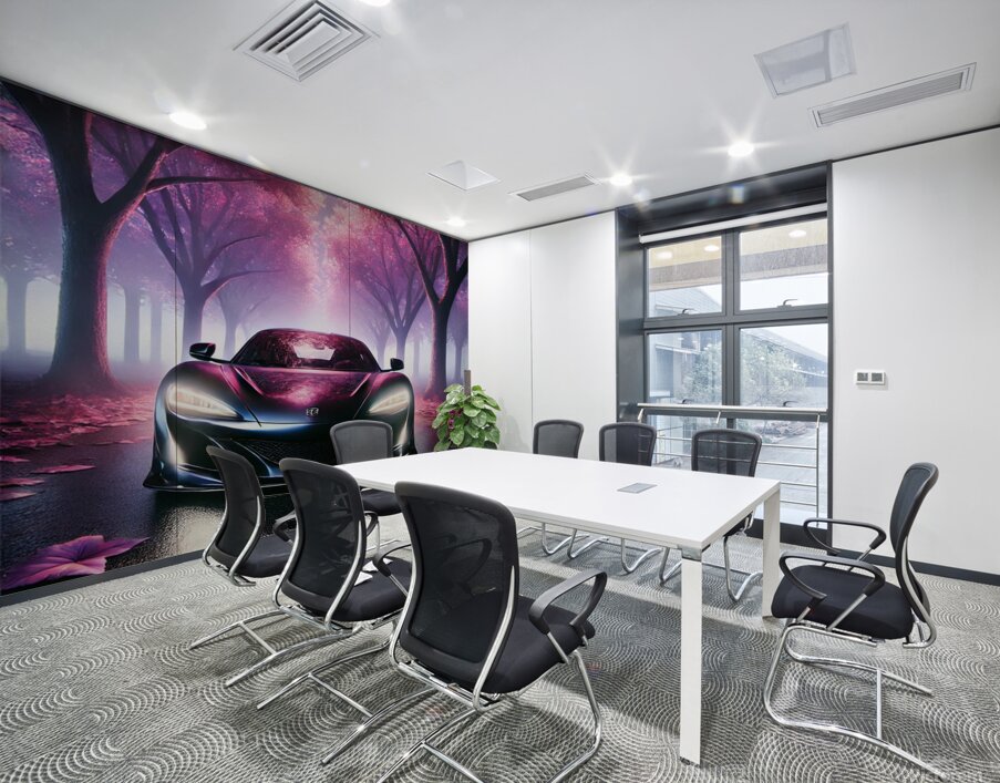 Luxury Supercar in a Dreamy Pink Forest – Stunning Night Drive Wall Printing