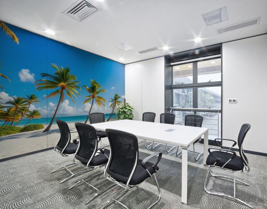 Tropical Paradise: White Sand Beach with Swaying Palm Trees and Yachts Wall Printing