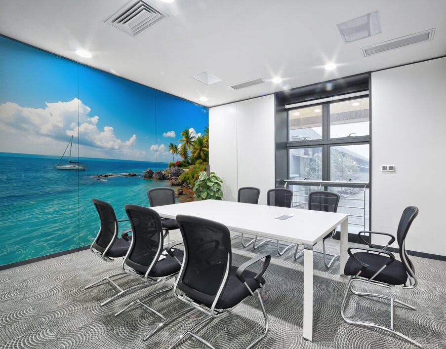 Tropical Paradise with Turquoise Waters Palm Trees and a Sailing Yacht Wall Printing