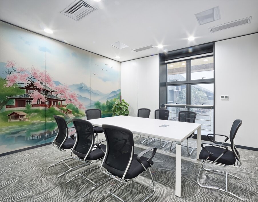 Tranquil Japanese Garden with Cherry Blossoms and Mountain Lake Wall Printing