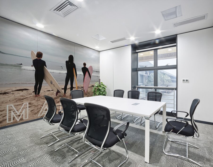 Three Surfers at Malibu with Text Wall Printing