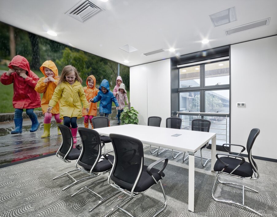A Group of Children Playing in the Rain Jumping in Puddles Wall Printing
