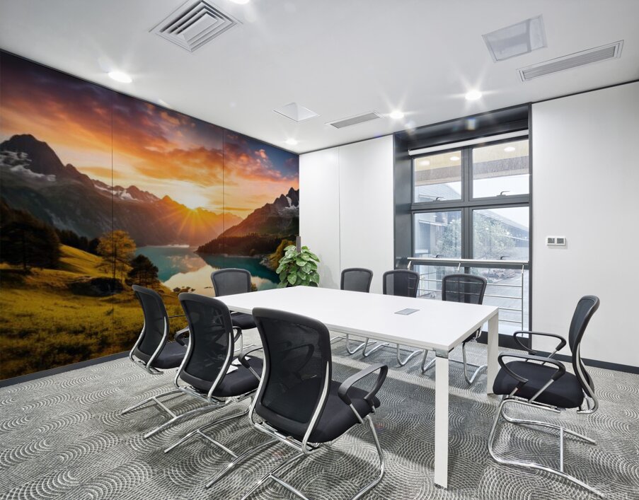  stunning mural depicting a breathtaking sunrise over a serene lake nestled in the mountains. Wall Printing