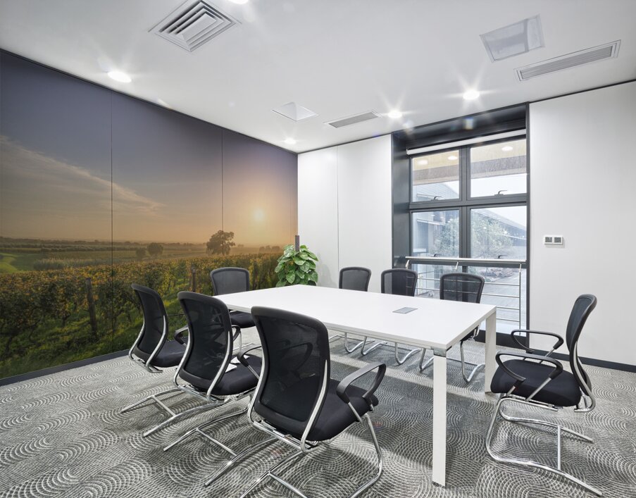 Bolgheri vineyards and trees in a foggy sunset Wall Printing