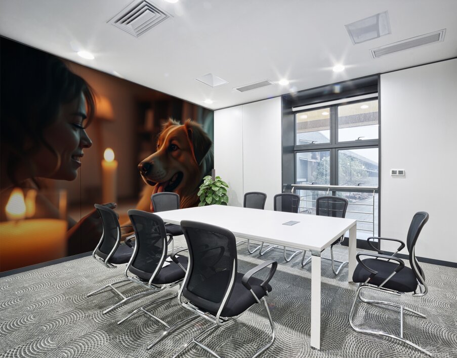 A cinematic still of a dog family scene with warm Wall Printing