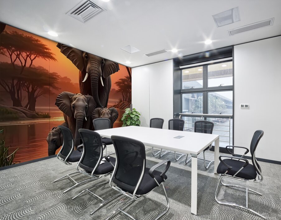 Playful Elephant Herd by the Riverbank Poster – Wall Printing