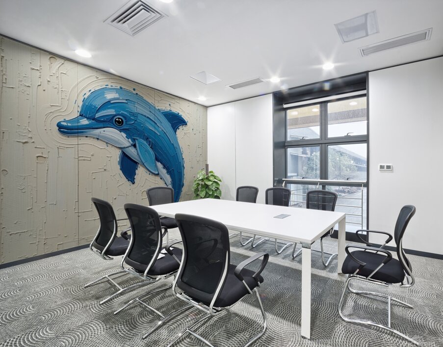 A striking minimalist impasto painting of a cute dolphin. Wall Printing