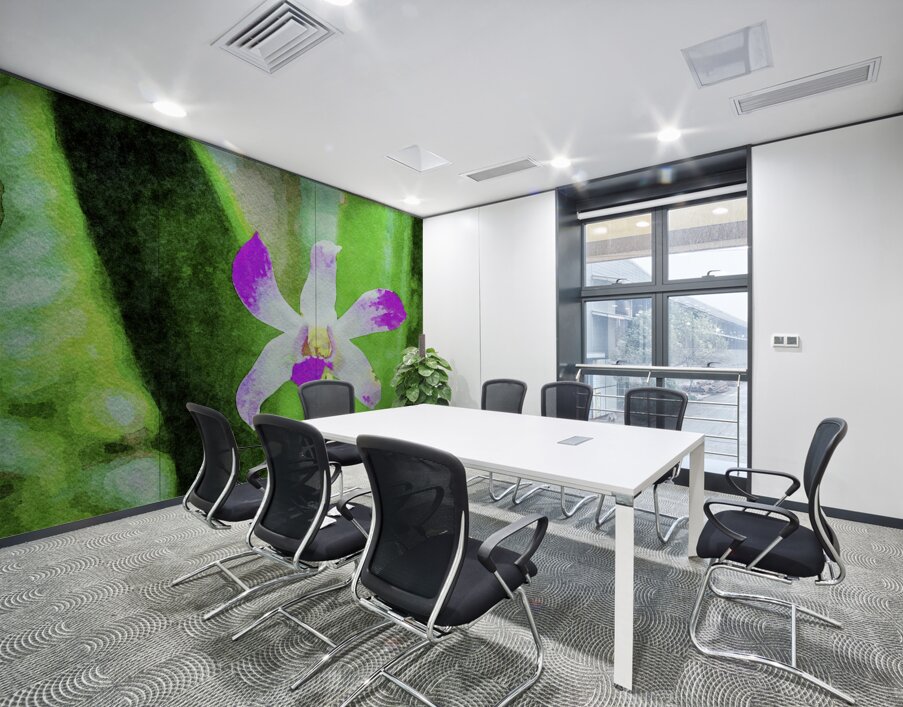 Vibrant watercolor of a purple orchid against a lush green backdrop Wall Printing