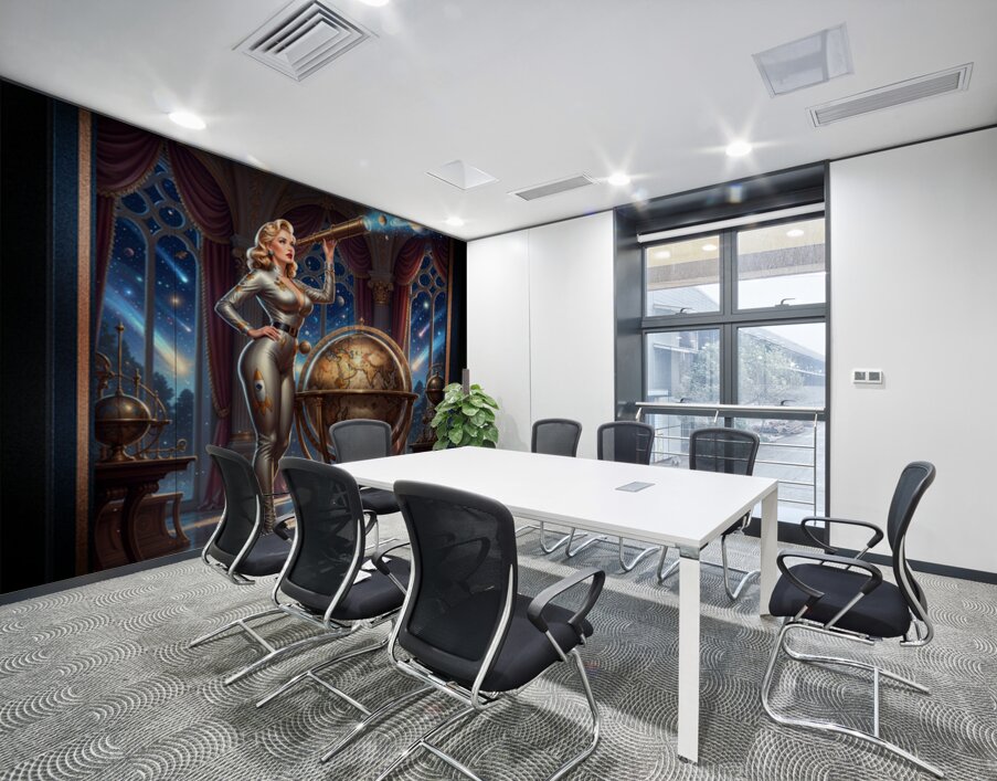 Ravina Orsini Observes Cosmic Wonders Through An Advance Brass Telescope – Limited Edition Art Print AI Concept Art by Xzendor7 Wall Printing