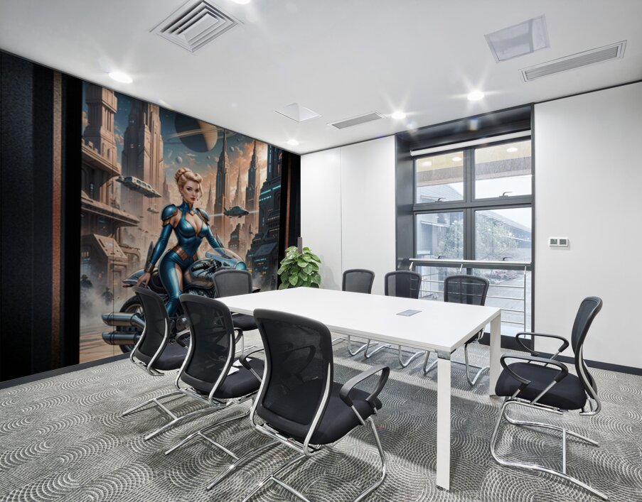 Ylara Fynra Poised On Her Jaxtor M113 In Caelum City Stunning AI Concept Art by Xzendor7 Wall Printing