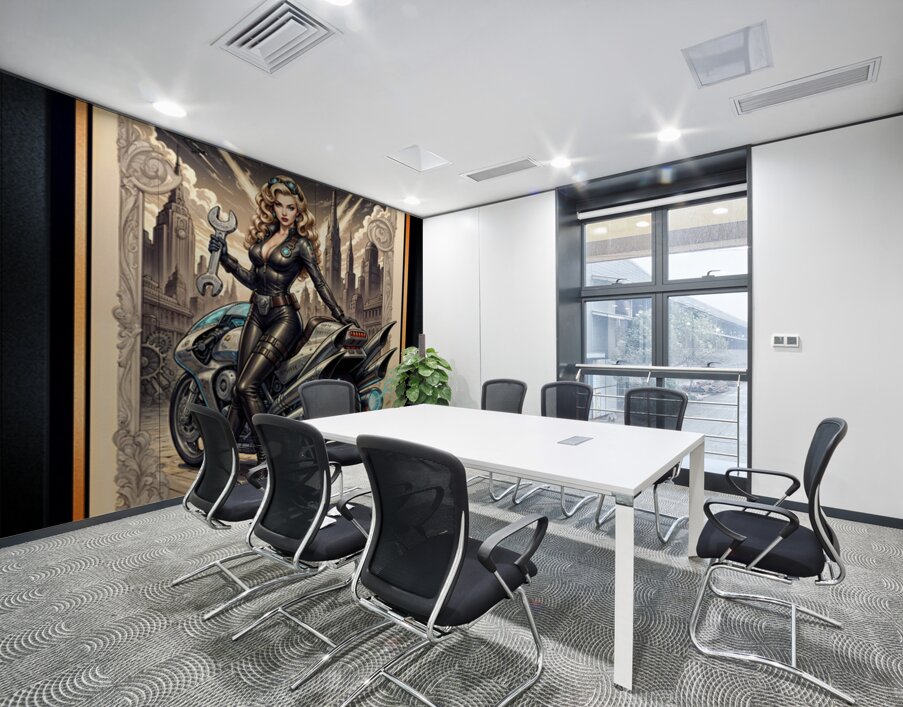 Tsylara Mimor And Her Jithera Cycle Amidst The Sprawling Rovathia Cityscape Gorgeous AI Concept Art by Xzendor7 Wall Printing