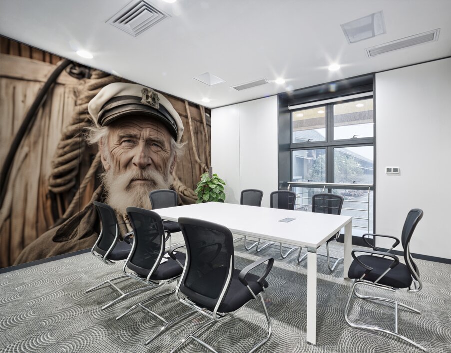 Old sailing ship captain face weathered with old wooden sailing ship in background  Wall Printing