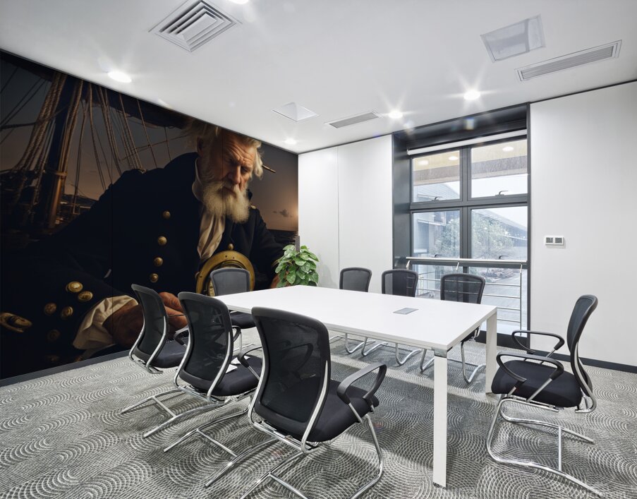 Old sailing ship captain looking at his old brass compass night time with ruff ocean behind him Wall Printing