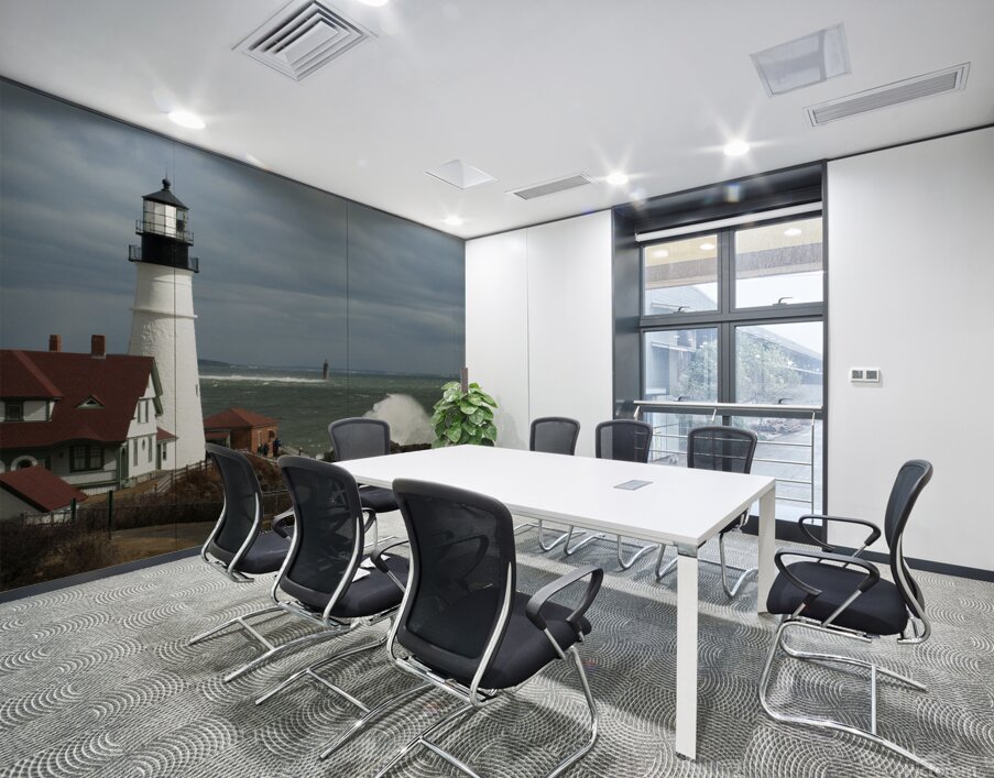 Waves Crash By Portland Head Lighthouse as Sun Breaks Through Clouds Wall Printing