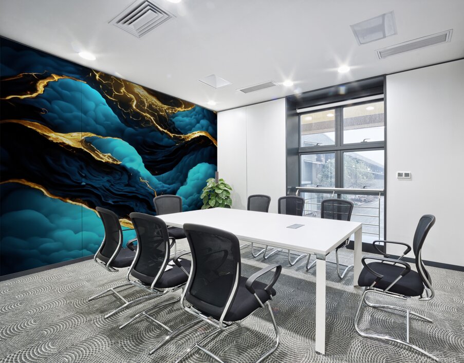 Blue Black & Gold Waves & Clouds Wall Printing