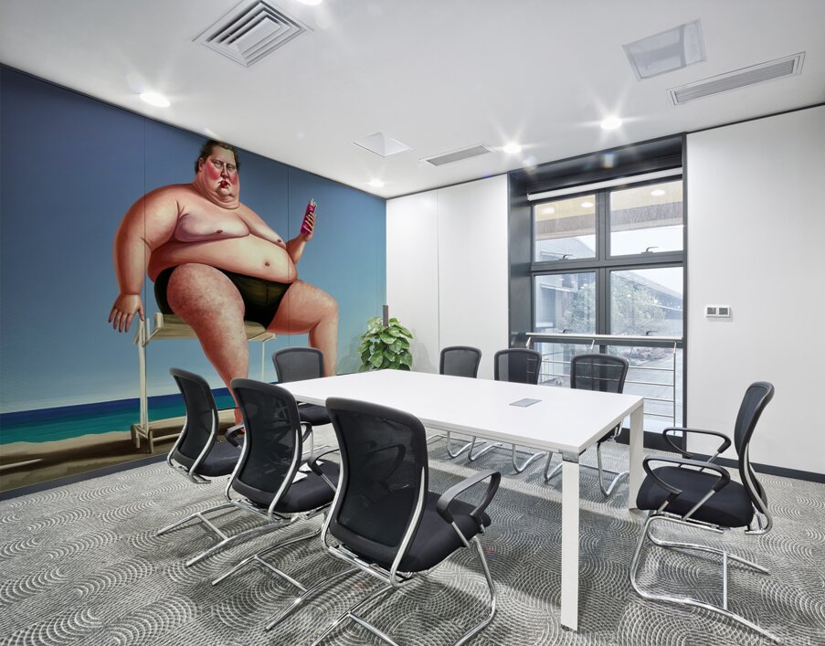 Ridiculous illustration of a man with a big belly on the beach Wall Printing