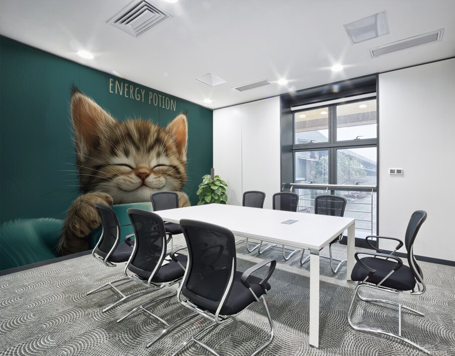 Cute Grey Tabby Cat with a Coffee Cup Wall Printing