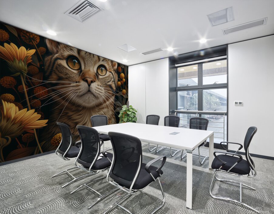 Tabby Cat in a Flowers Garden Wall Printing