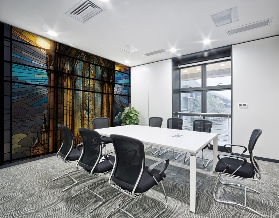 stained glass window artistic light scene castle. Wall Printing