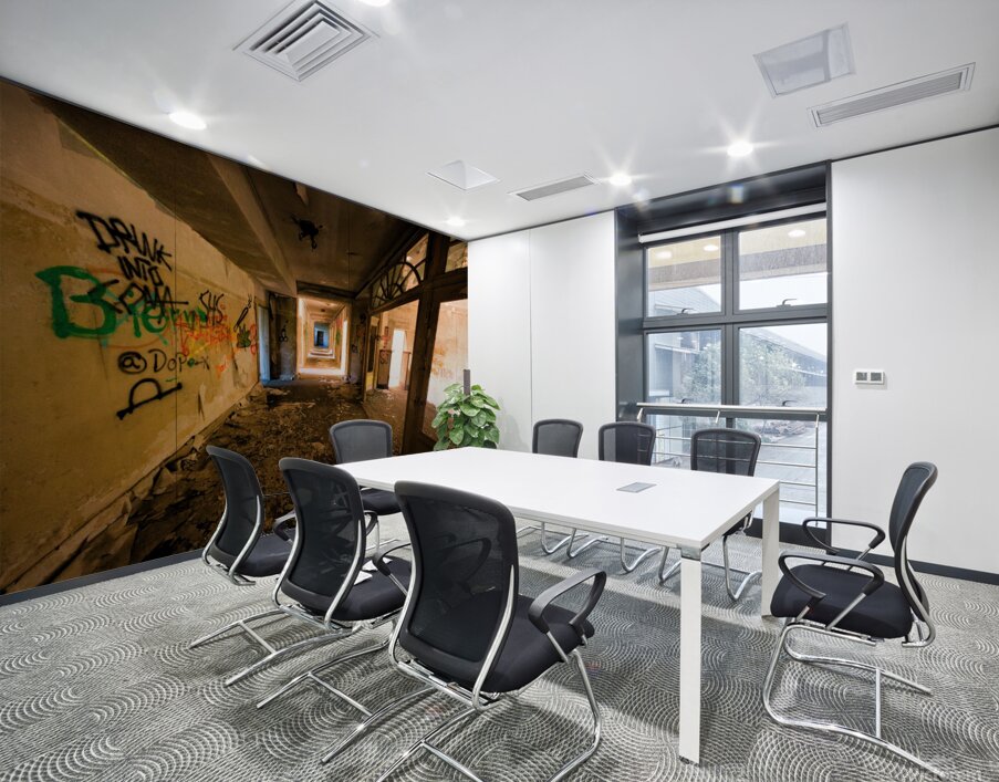 Decaying Hallway With Grafiti In Abandoned Luxurious Hotel Wall Printing