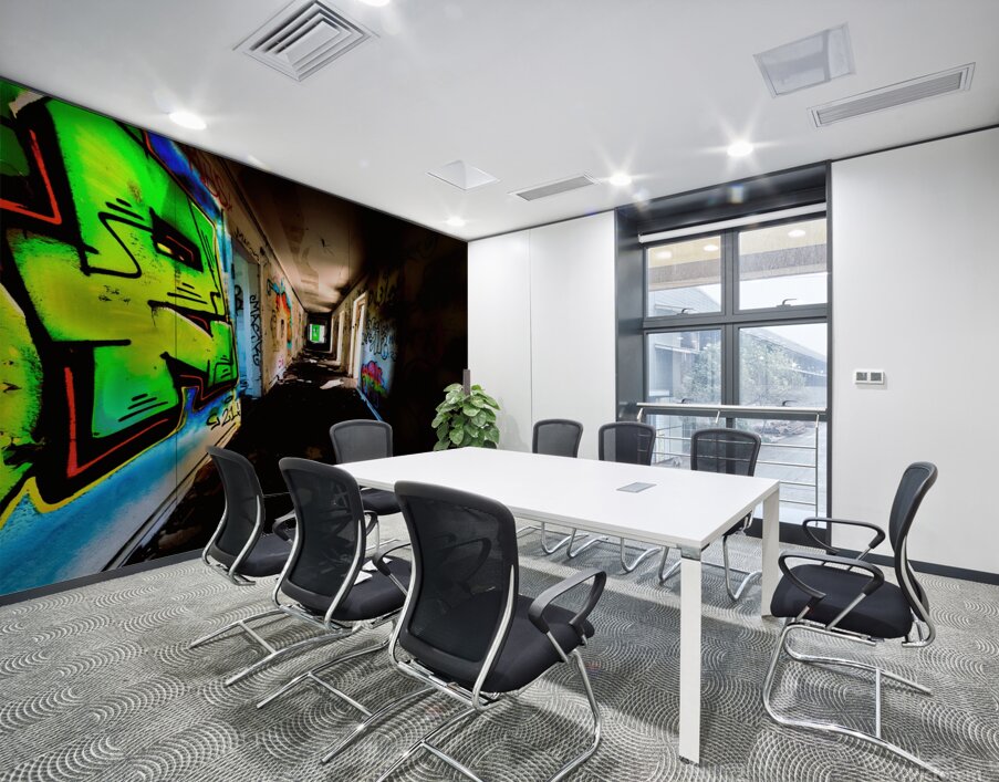 Glowing Grafiti On Decaying Hallway Of Abandoned Luxury Hotel Impression murale