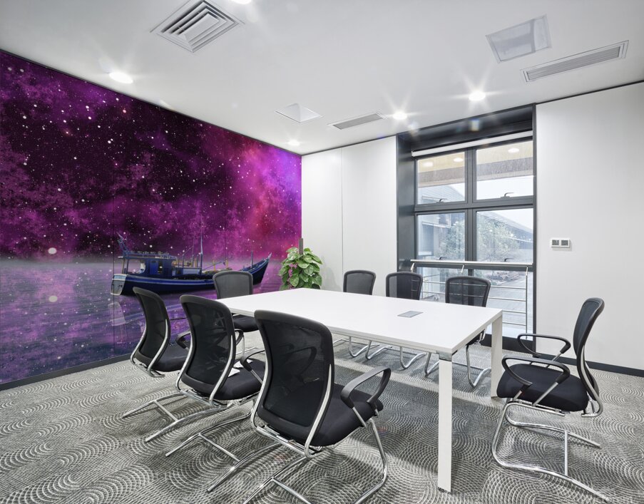 boat fisherman ship sea ocean milky way night nat Wall Printing