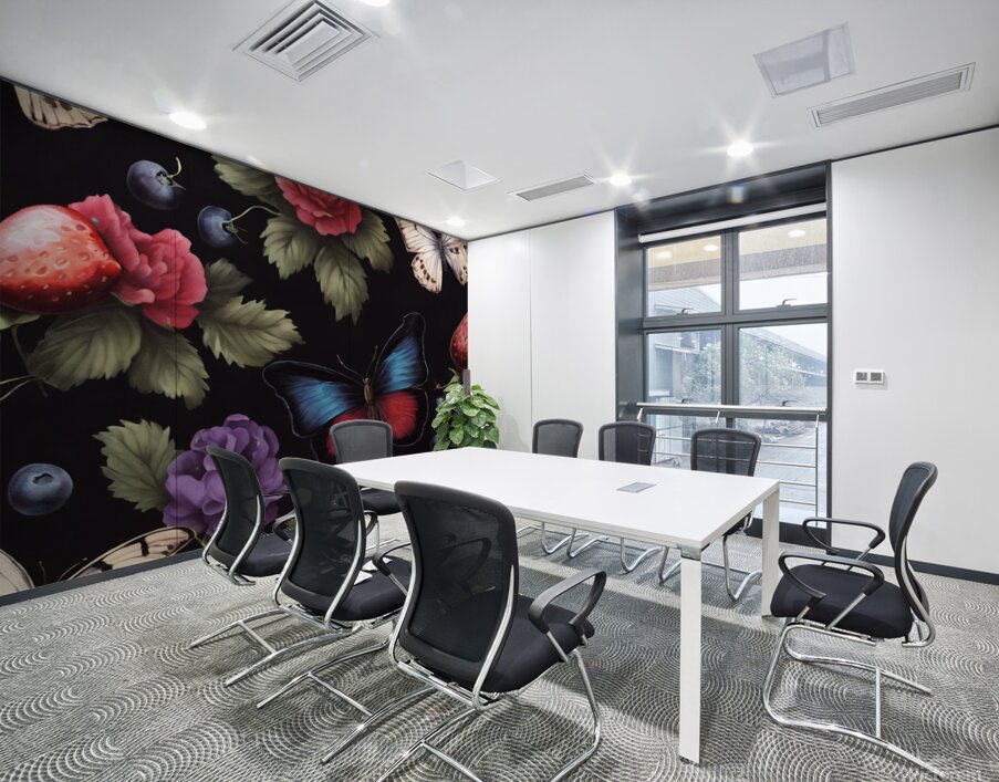  Cottage core vibrant florals with a butterfly on black  Wall Printing