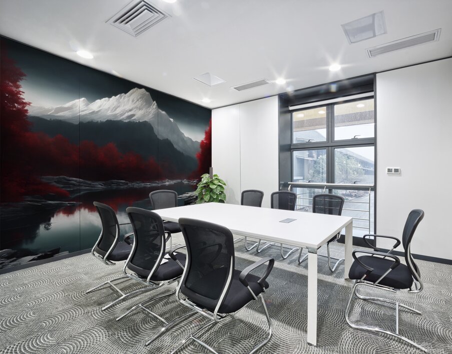 Red woods and white snowy mountain Wall Printing