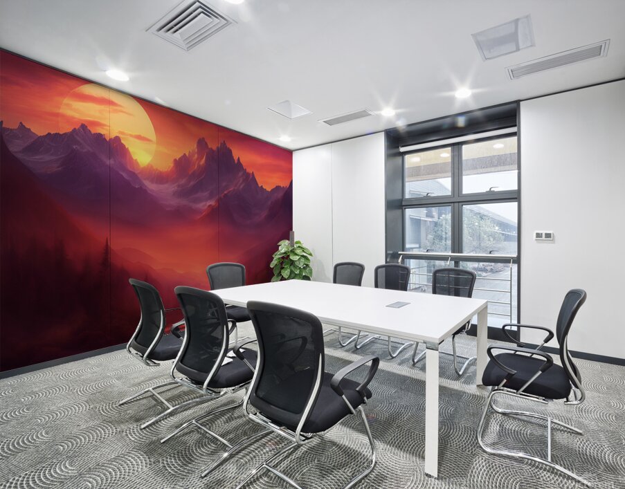  the sun setting over towering mountain peaks Wall Printing