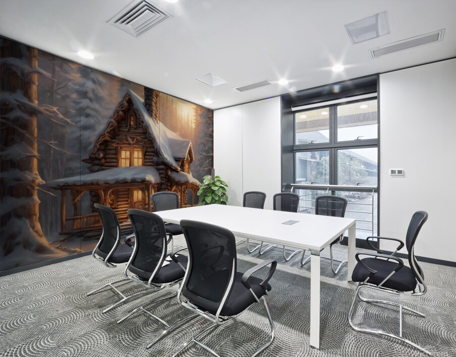 A cozy cabin nestled in a snowy forest sm Wall Printing