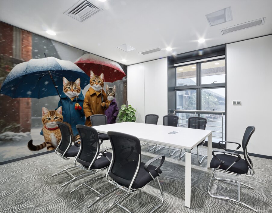 Cats with umbrellas on snowy day wall art Wall Printing