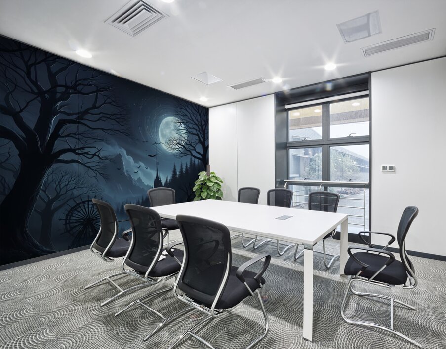 Mystical Moonlight: Veiled in Fog Embraced by Mountains Wall Printing