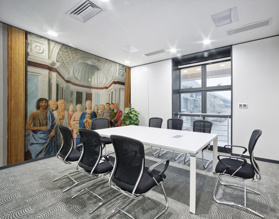 Madonna and child with saints angels and Federico da Montefeltr Wall Printing