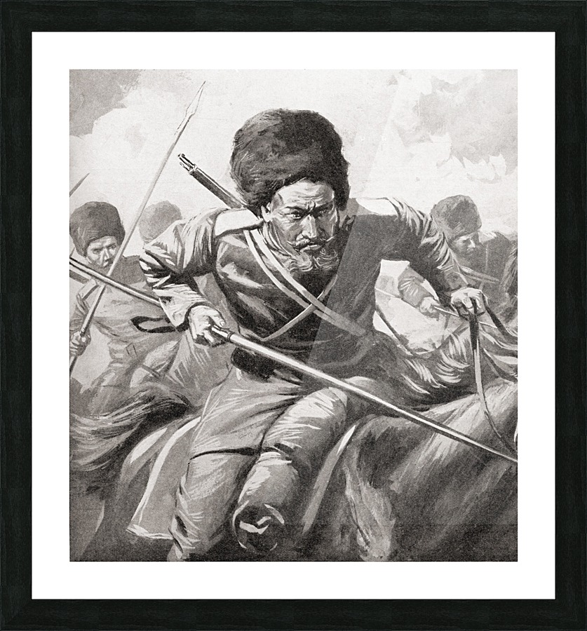 Russian Cossacks during WWI.  From The War Illustrated Album Deluxe, published 1915. Picture Frame print