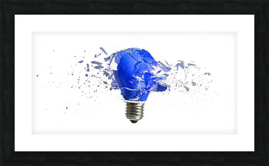 blue bulb destroying on white background Picture Frame print