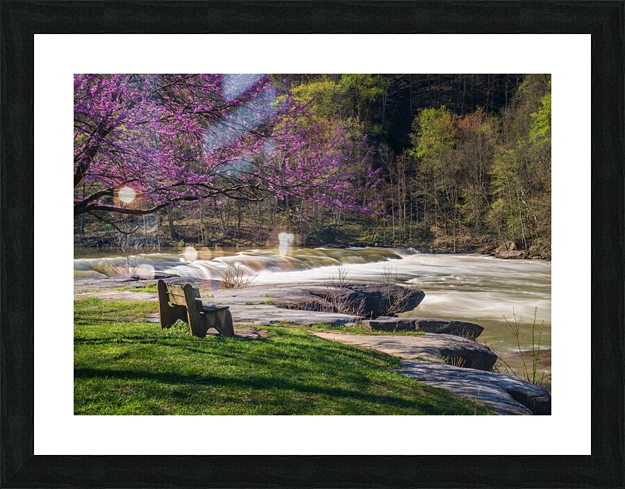 Wooden bench view of Valley Falls on spring morning Picture Frame print