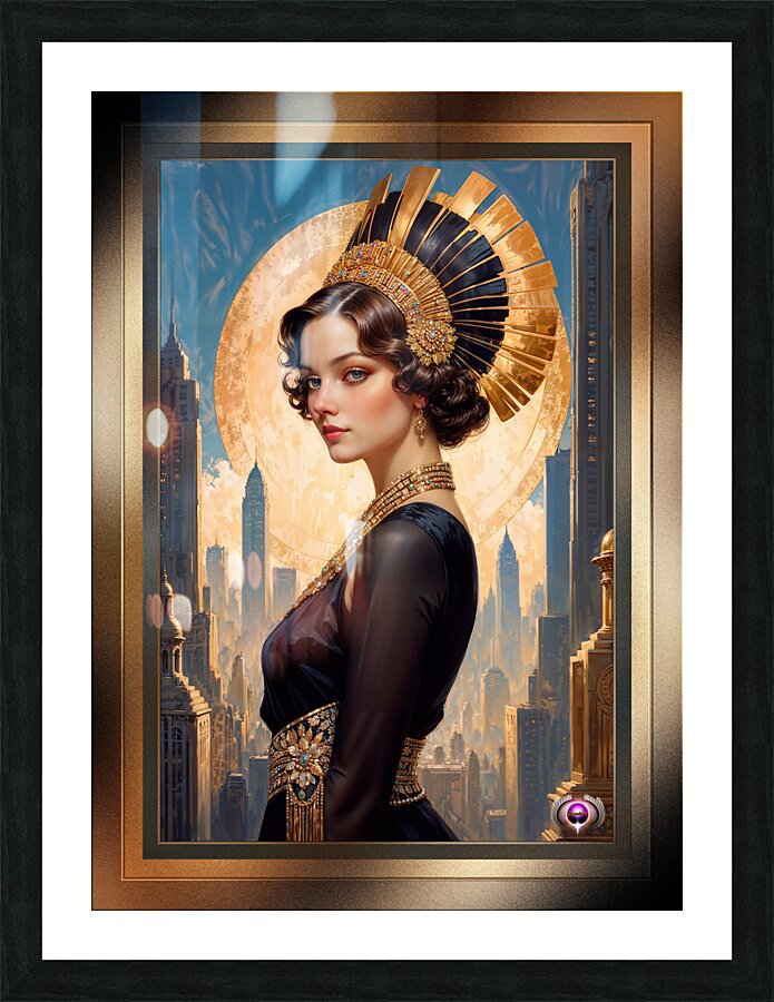 An Art Deco Beauty By A Golden Disc Captivating AI Concept Art by Xzendor7 Picture Frame print