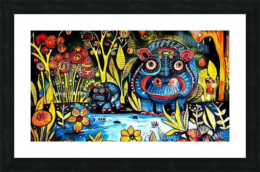 Serengeti Hippos- Batik Print Hippo Picture Frame print