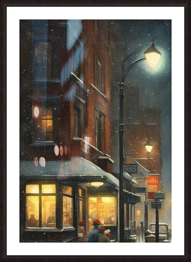 corner cafe snowy night Picture Frame print