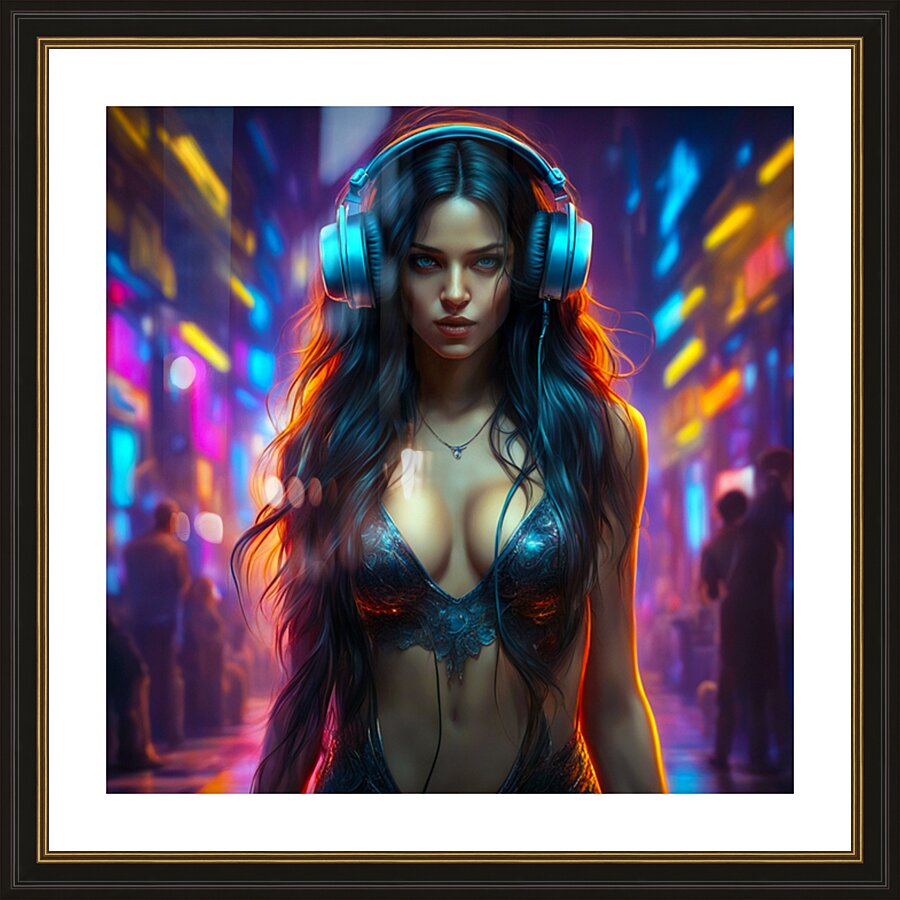 Girl On Headphone Picture Frame print