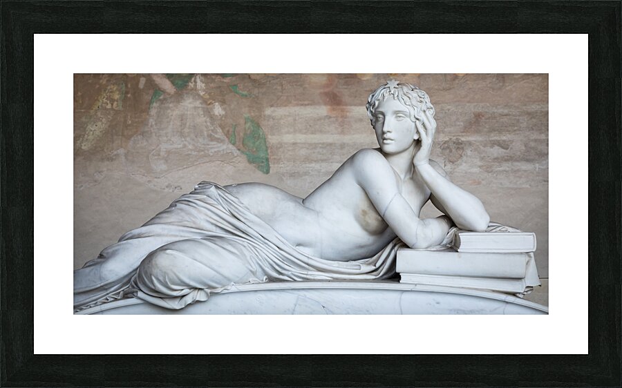 Pisa Italy - sad statue in cemetery. Vintage white marble sculp Picture Frame print