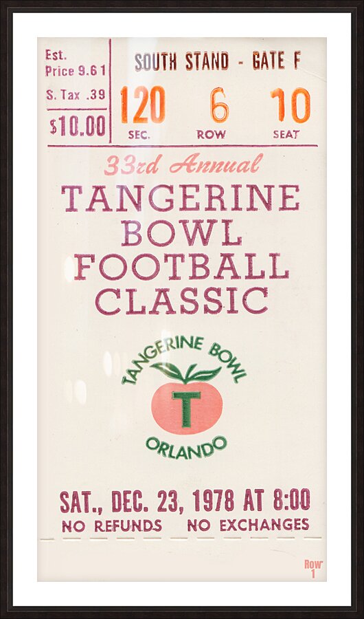 1978 Tangerine Bowl Ticket Stub Art Picture Frame print
