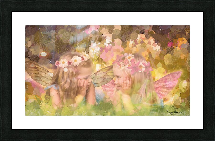 Cute Fairy Best Friends in the Garden Mixed Media Painting Picture Frame print